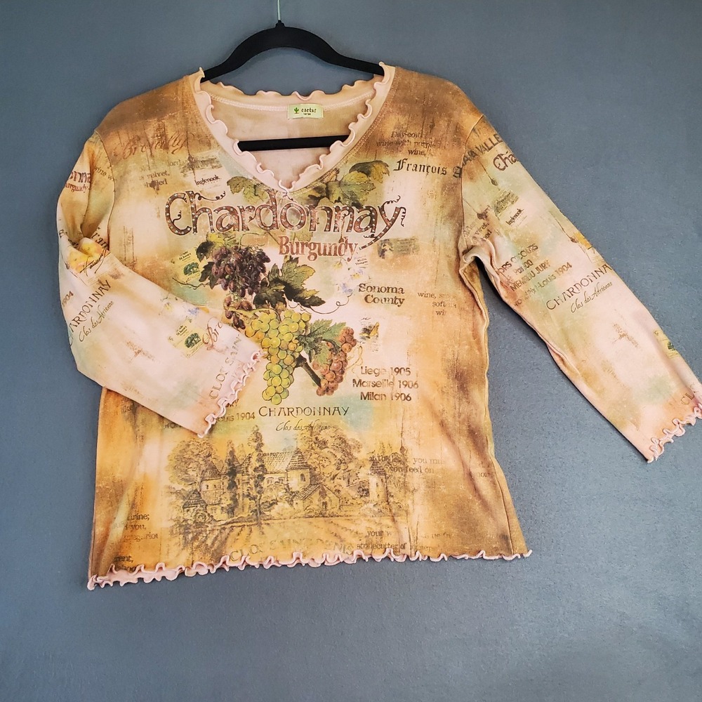 Vintage Cactus Bay Tattoo Print Womens L 3/4 Sleeve Top Chardonnay Wine Grapes